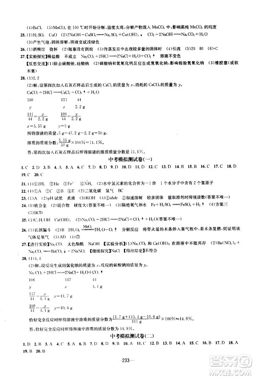 南方出版社2020初中1课3练课堂学练考化学九年级全一册RJ人教版答案