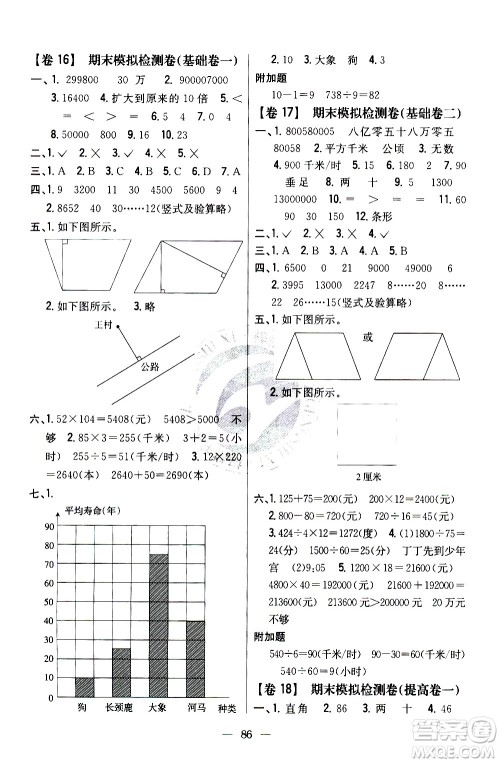 吉林人民出版社2020小学教材完全考卷四年级数学上册新课标人教版答案