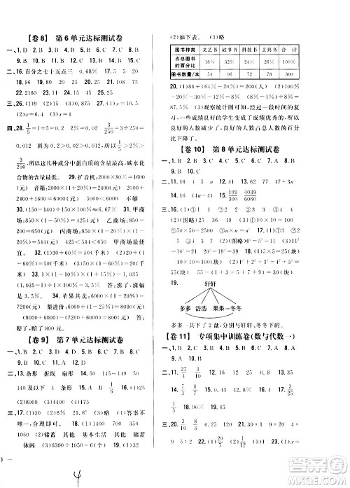 吉林人民出版社2020小学教材完全考卷六年级数学上册新课标人教版福建专版答案