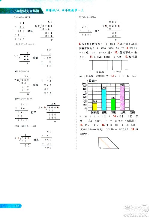 吉林人民出版社2020小学教材完全解读四年级数学上册新课标人教版答案