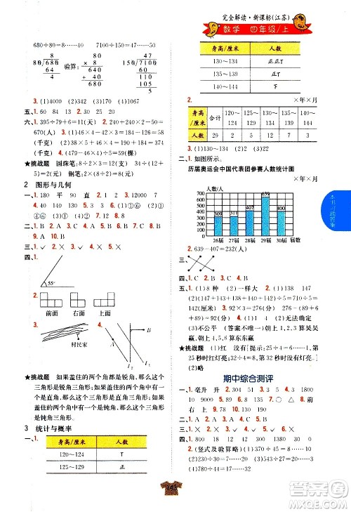 吉林人民出版社2020小学教材完全解读四年级数学上册新课标江苏版答案