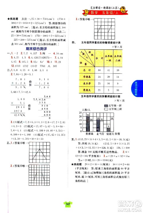 吉林人民出版社2020小学教材完全解读五年级数学上册新课标江苏版答案