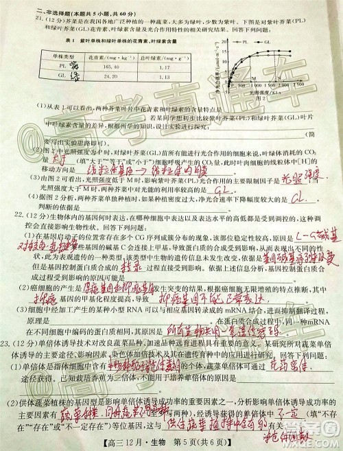 2021届九师联盟高三教学质量监测12月联考生物试题及答案