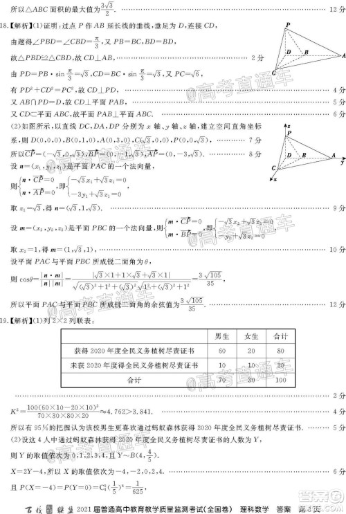 2021届百校联盟12月联考全国卷理科数学试题及答案