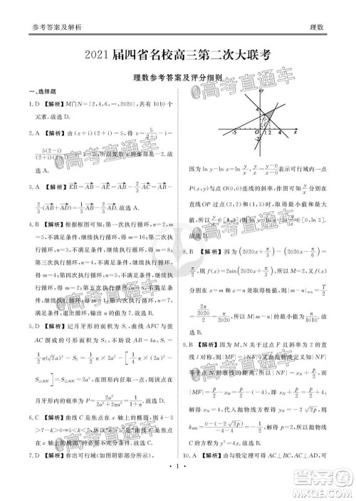 2021届四省名校高三第二次大联考理科数学试题及答案