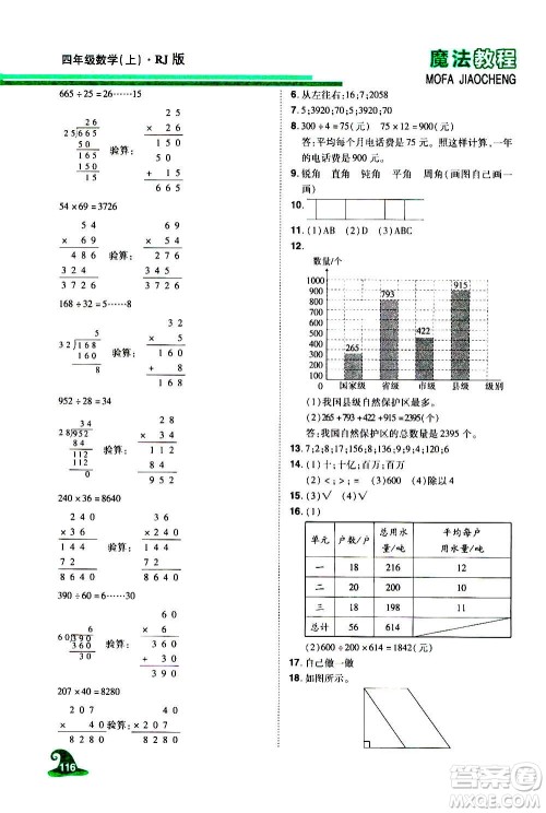 2020魔法教程数学四年级上册RJ人教版精解版答案