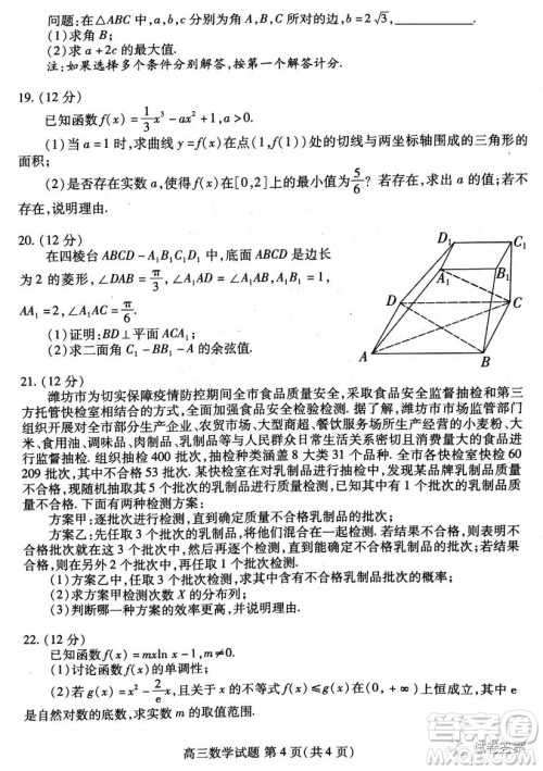 山东省新高考质量12月联合调研检测数学试题及答案