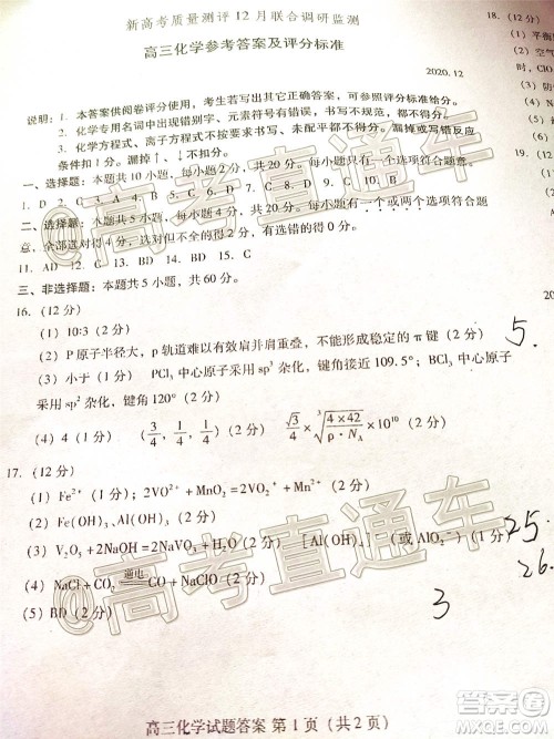 山东省新高考质量12月联合调研检测化学试题及答案