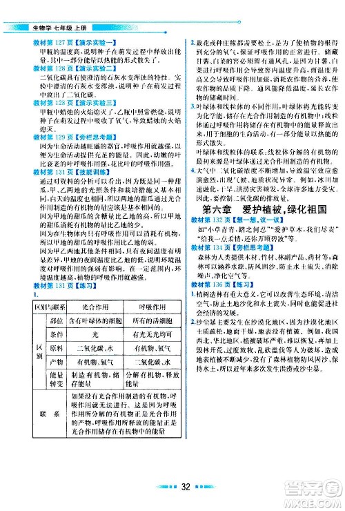 人民教育出版社2020教材解读生物学七年级上册人教版答案