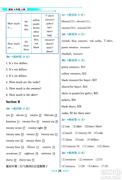 人民教育出版社2020教材解读英语七年级上册人教版答案