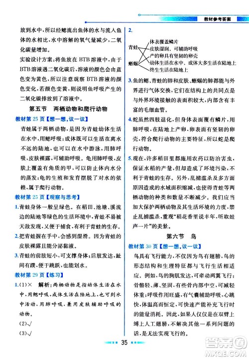 人民教育出版社2020教材解读生物学八年级上册人教版答案