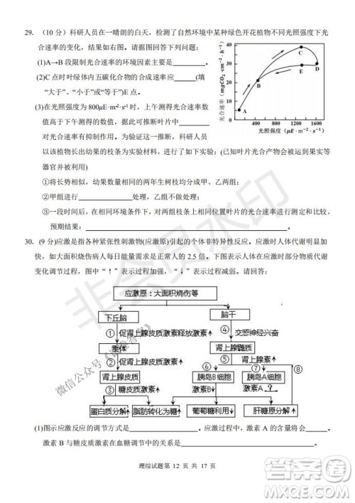 2021届卓越联盟12月高考适应性训练高三理科综合试题及答案