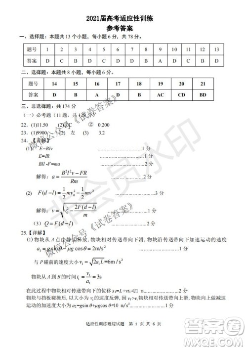 2021届卓越联盟12月高考适应性训练高三理科综合试题及答案