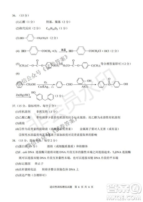 2021届卓越联盟12月高考适应性训练高三理科综合试题及答案