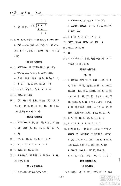 云南教育出版社2020一线名师提优试卷数学四年级上册人教版答案