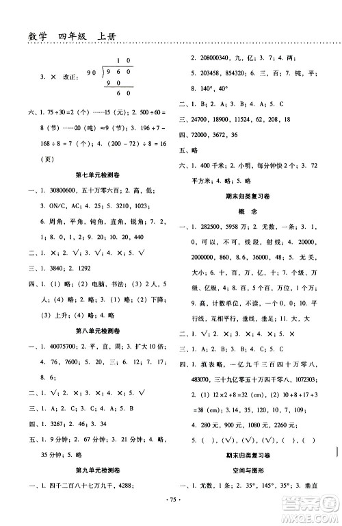 云南教育出版社2020一线名师提优试卷数学四年级上册人教版答案