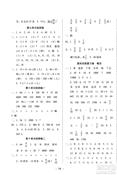 云南教育出版社2020一线名师提优试卷数学三年级上册人教版答案