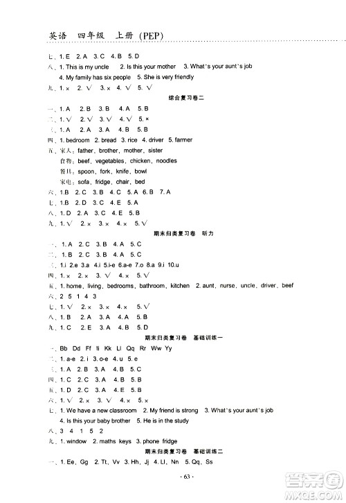 云南教育出版社2020一线名师提优试卷英语四年级上册PEP人教版答案 云南教育出版社2020一线名师提优试卷英语四年级上册PEP人教版答案