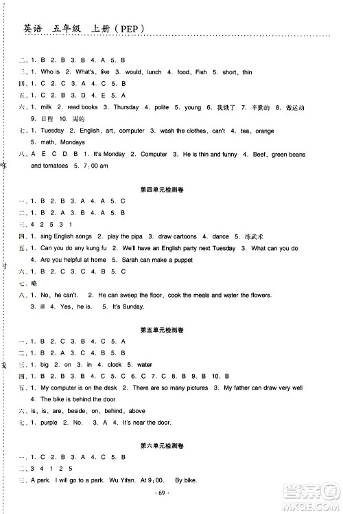 云南教育出版社2020一线名师提优试卷英语五年级上册PEP人教版答案
