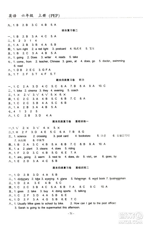 云南教育出版社2020一线名师提优试卷英语六年级上册PEP人教版答案