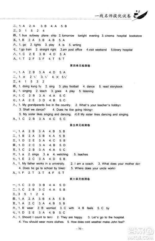 云南教育出版社2020一线名师提优试卷英语六年级上册PEP人教版答案