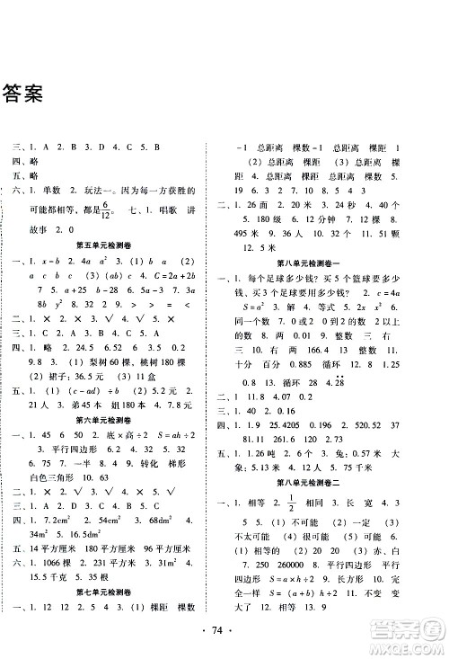 云南教育出版社2020一线名师提优试卷数学五年级上册人教版答案
