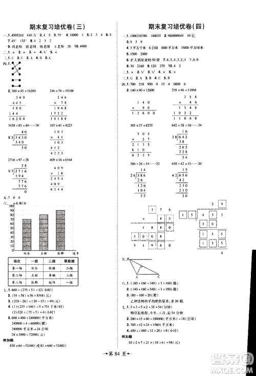 2020魔力一卷通小学期末冲刺100分数学四年级上册RJ人教版答案