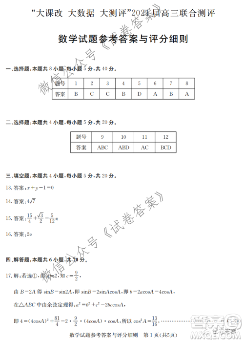 大课改大数据大测评2021届高三联合测评数学试题及答案