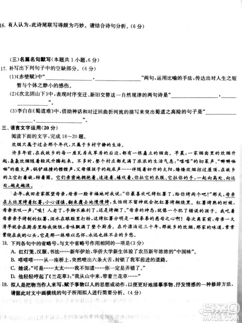 河北省五个一名校联盟2021届高三第一次诊断考试语文试题及答案