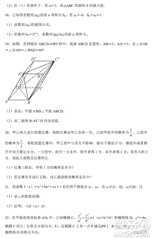 河北省五个一名校联盟2021届高三第一次诊断考试数学试题及答案