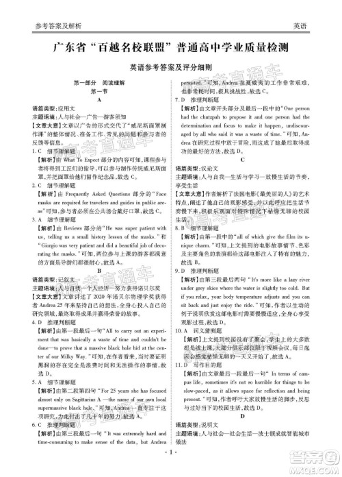 2021届广东省百越名校联盟普通高中学业质量检测英语试题及答案