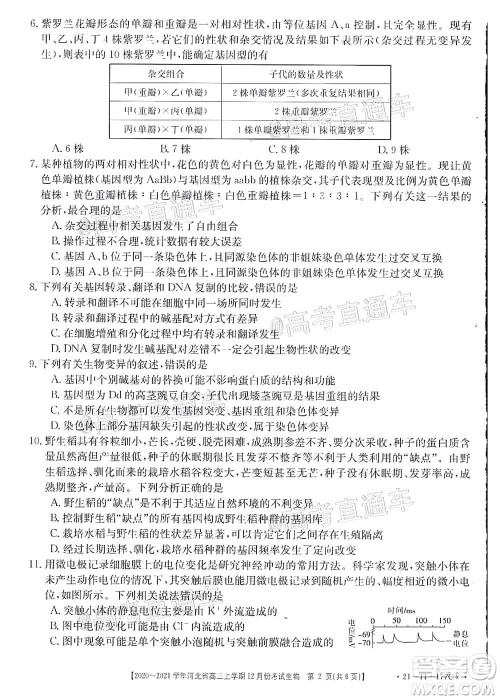 2021届河北金太阳高三12月联考生物试题及答案