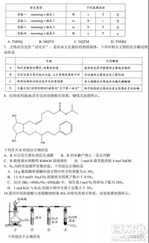 中原名校2020-2021学年上期第四次精英联赛理科综合试题及答案