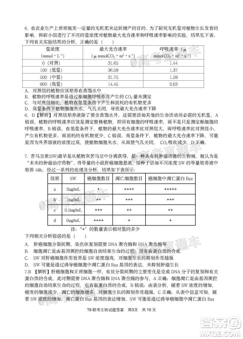 T8联考新八校2021届高三第一次联考生物试题及答案