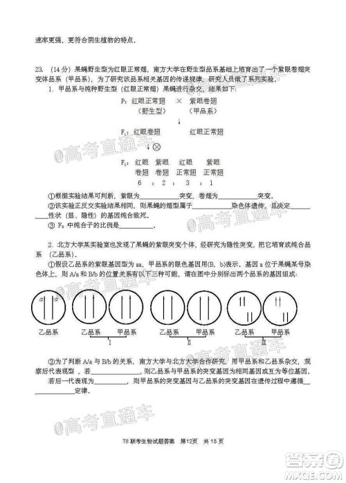 T8联考新八校2021届高三第一次联考生物试题及答案