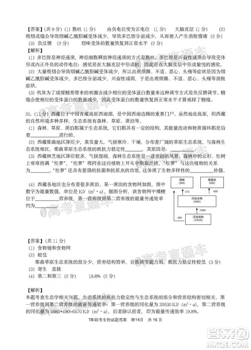 T8联考新八校2021届高三第一次联考生物试题及答案