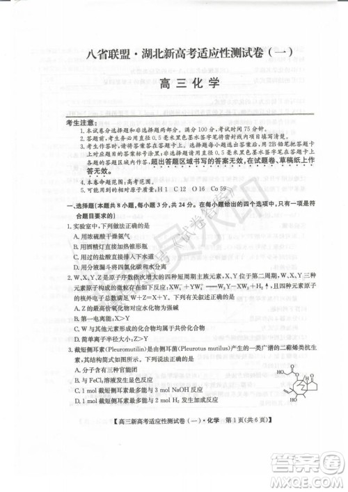 2021届八省联盟湖北新高考适应性测试卷一化学试题及答案
