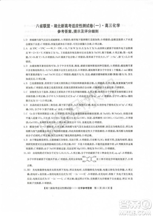 2021届八省联盟湖北新高考适应性测试卷一化学试题及答案