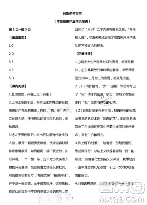 新疆文化出版社2021寒假作业及活动语文九年级人教版答案