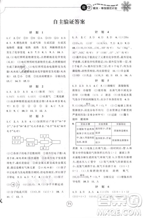 南京大学出版社2021期末寒假提优计划化学九年级人教版答案