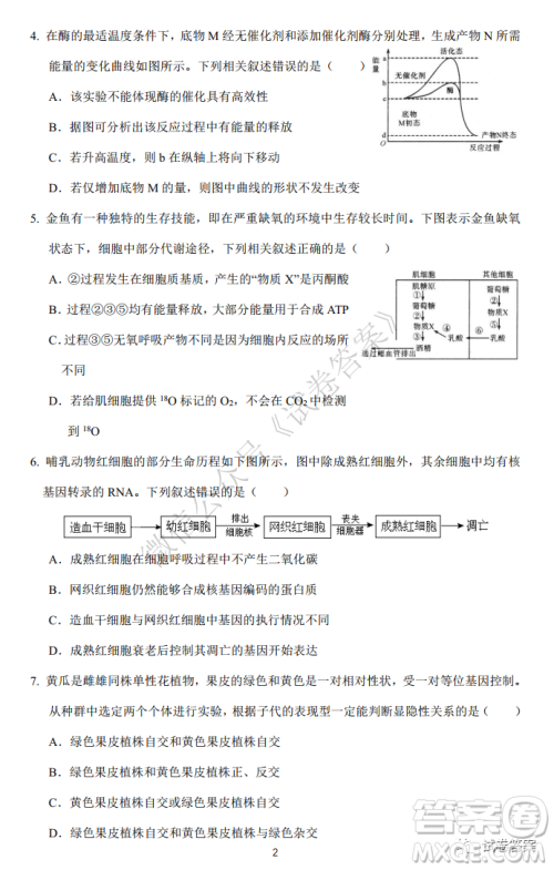 华师大附中2021届高三上学期联合测评生物试题及答案