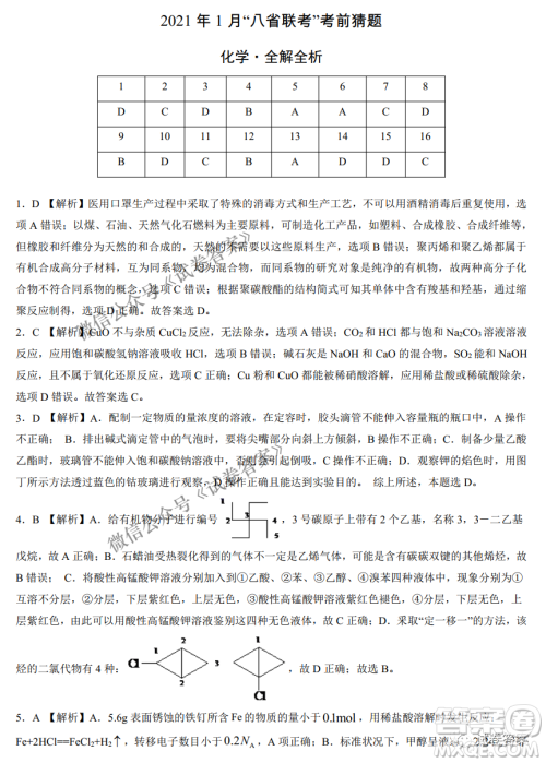 2021年1月八省联考考前猜题卷化学试题及答案