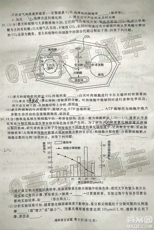 2021届广安眉山遂宁雅安资阳乐山广元自贡内江九市一诊理科综合试题及答案