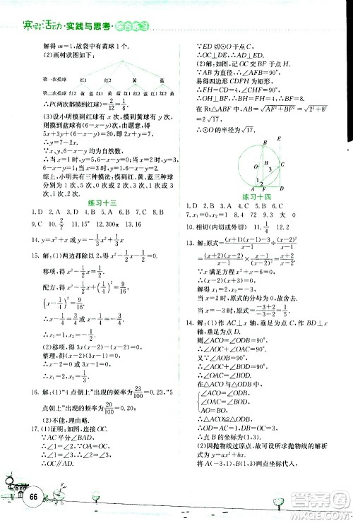 云南大学出版社2021寒假活动实践与思考综合练习九年级数学人教版答案