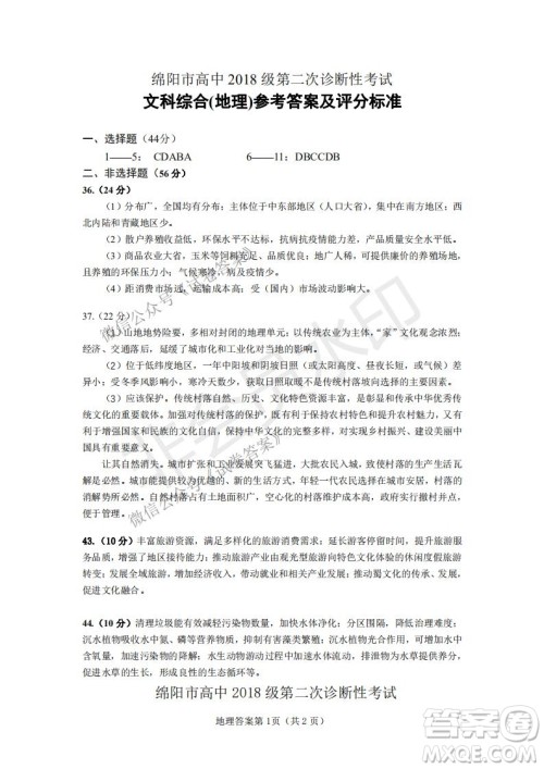 绵阳市高中2018级第二次诊断性考试文科综合试题及答案 绵阳市高中2018级第二次诊断性考试文科综合试题及答案