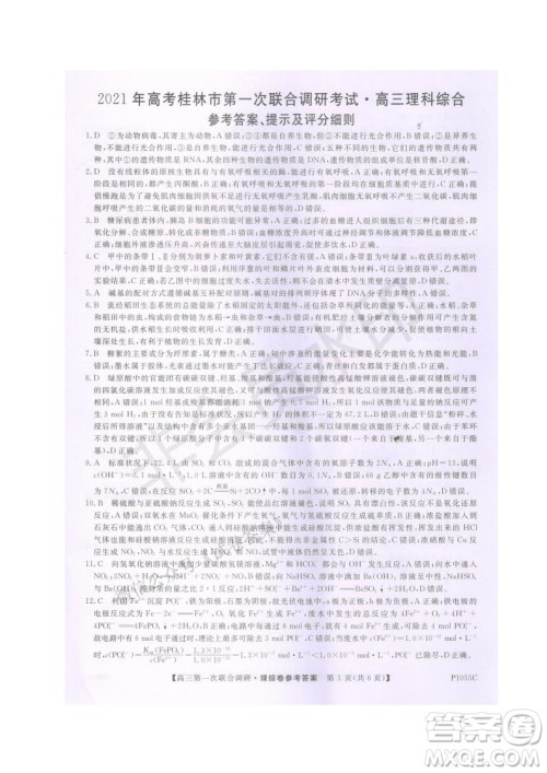 2021年高考桂林市第一次联考调研考试高三理综试题及答案 2021年高考桂林市第一次联考调研考试高三理综试题及答案