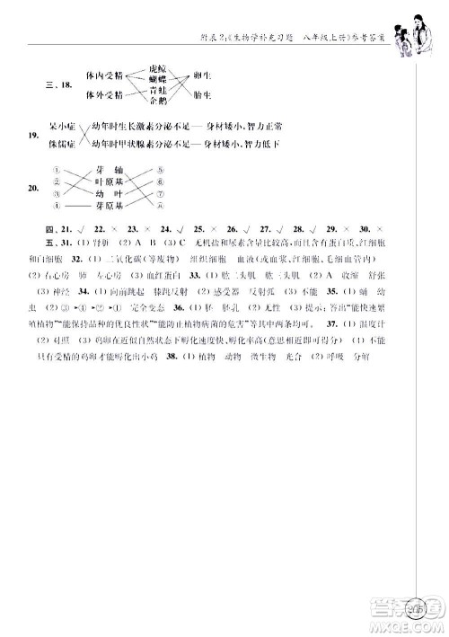 江苏凤凰科学技术出版社2020生物学补充习题八年级上册苏科版答案