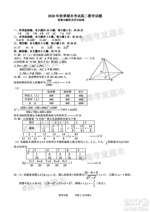 黄冈市2020年秋季高二年级期末调研考试数学试题及答案