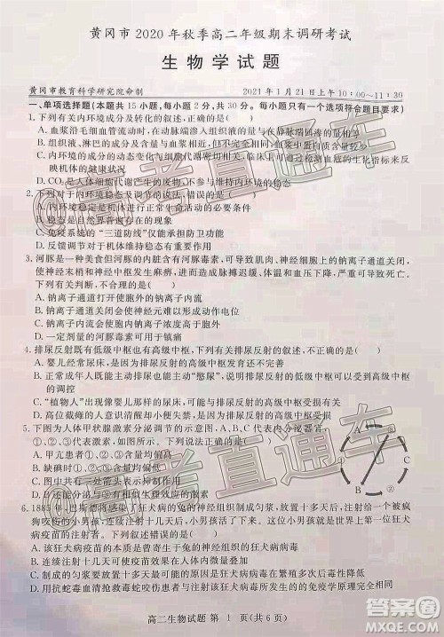 黄冈市2020年秋季高二年级期末调研考试生物试题及答案