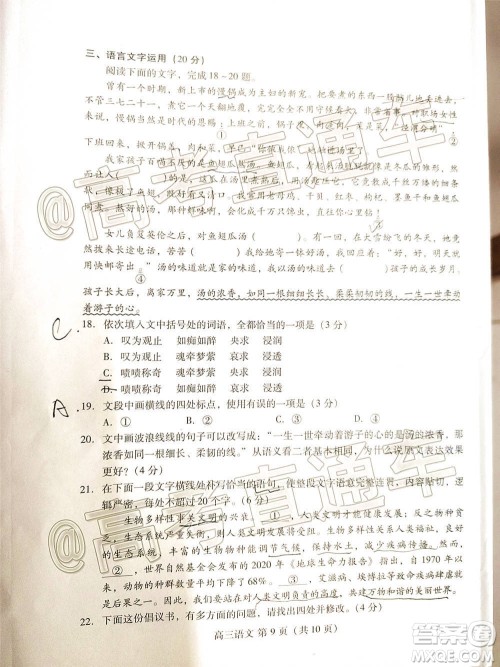 2021届潍坊高三1月联考语文试题及答案 2021届潍坊高三1月联考语文试题及答案